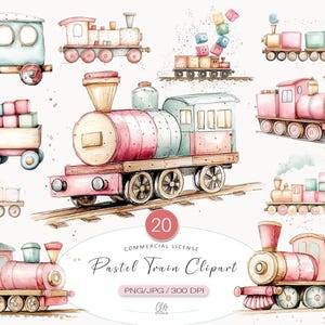 20 clipart de trem pastel para scrapbooking e diário de lixo | ilustrações fofas de ferrovia vintage para crianças | PNG JPG download digital