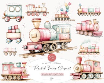 Pastel Train Clipart: Vintage Railway Illustrations (PNG JPG Digital Download)