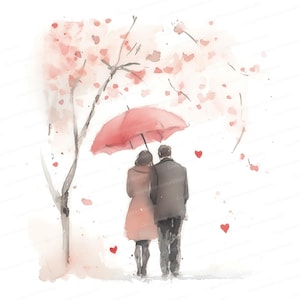 Romantic Watercolor Couple Clipart – Love Under Umbrella, Valentine’s Day Illustration, Wedding Art, Instant Download 8 JPG