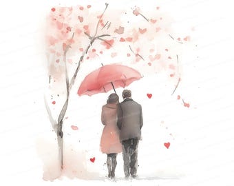 Watercolor Couple Under Umbrella Clipart: Valentine's Day Art (JPG Instant Download)