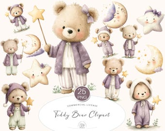 Watercolor Teddy Bear Clipart: Moon & Stars Nursery Art (PNG Download)