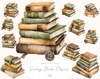 Watercolor Vintage Books Clipart: PNG Book Stack Illustrations (Digital Download)