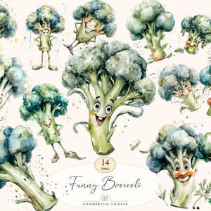 May include: Watercolor illustrations of cartoon broccoli with smiling faces and expressive poses. The image includes the text "Funny Broccoli" and "Commercial License". The broccoli is depicted in shades of green and blue.
