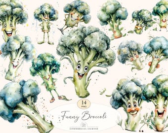 14 Broccoli Clipart | Watercolor Vegetables PNG, Funny Broccoli Illustration