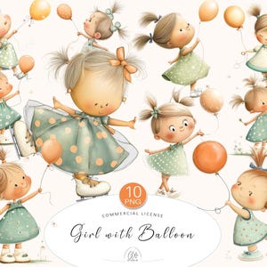 10 PNG de menina com balão clipart • Meninas fofas em vestidos verdes com balões, scrapbooking • Download instantâneo