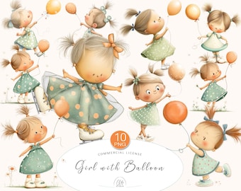 10 PNG Girl with Balloon Clipart • Cute Little Girls in Green Dresses with Balloons, Scrapbooking • Instant download