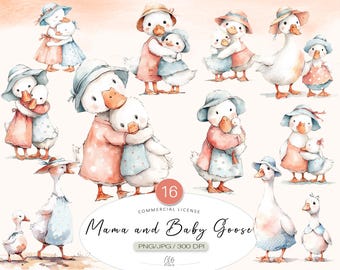 Goose Clipart Set: Watercolor Ducks in Dresses (PNG JPG, Digital Download)