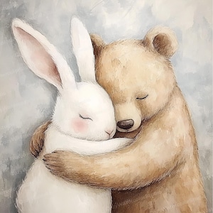 10 Bär und Kaninchen Umarmung Clipart - Entzückende Aquarell Tier Illustration für Kinder, Scrapbooking und Kinderzimmer Wand Kunst JPG