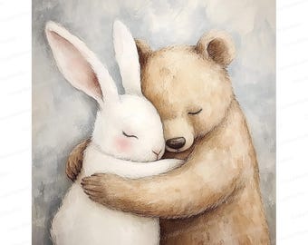 Bear and Rabbit Hug Watercolor Clipart: Nursery Art (JPG)