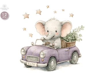 Baby Elephant Watercolor Clipart: Nursery Art, Baby Shower (JPG Digital Download)
