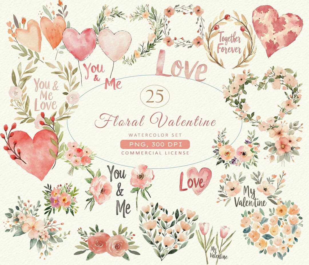 Floral Valentine Watercolor Clipart Set | 25 PNG Romantic Elements ...
