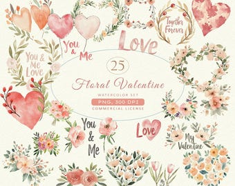 Floral Valentine Watercolor Clipart: Romantic Hearts & Flowers (PNG, 300 DPI)