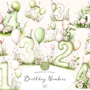 16 aquarel verjaardagsnummers clipart | Groenroze feest-png's voor kinderdecoratie | Direct downloadenDownloaden
