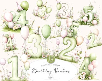 16 Watercolor Birthday Numbers Clipart | Green Pink Party PNGs for Kids Decor | Instant DownloadDownload