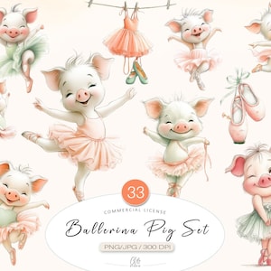 33 ilustraciones de cerditos bailarinas (PNG, JPG) para scrapbooking y manualidades con diarios basura. Descarga instantánea.