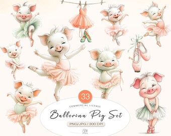 33 Ballerina Pig Clipart PNG JPG | Cute Ballet Piggy Illustrations for Scrapbooking & Junk Journal Crafts, Instant Download
