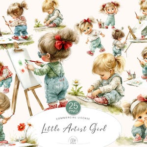 25 Cliparts PNG de Meninas Artistas – Ilustrações de Meninas Pintoras de Aquarela para Crianças, Cartões, Scrapbooking, Arte de Parede para Quarto de Bebê | Download Instantâneo