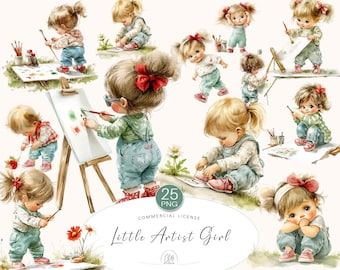 Watercolor Artist Girl Clipart: Painting Illustrations, Nursery Art (PNG Instant Download)