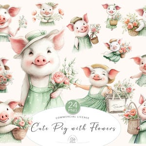 Clipart de cochon mignon avec des fleurs – 24 illustrations PNG pastel pour enfants, décoration de chambre d'enfant, cartes de printemps, projets de journaux indésirables | Téléchargement instantané