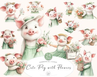 Cute Pig Clipart with Flowers – 24 Pastel PNG Illustrations for Kids, Nursery Decor, Spring Cards, Junk Journal Projects | Instant Download