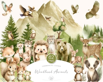 Watercolor Woodland Animals Clipart: Forest Creatures, Nursery Art (PNG Files, Digital Download)