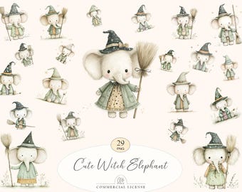 Halloween Witch Elephant Clipart | Magical Animal PNG (Digital Download)