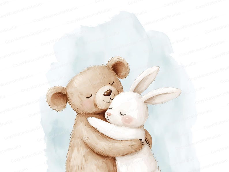 Bunny and Bear Hug Watercolor Clipart: Nursery Art (JPG) - Etsy