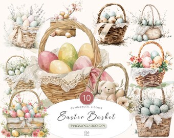 Watercolor Easter Basket Clipart: Rustic Floral Eggs (Digital Download)