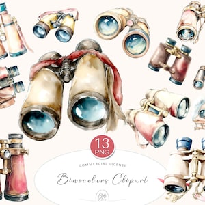 May include: Watercolor clipart of various binoculars in shades of brown, beige, and red. The image includes several pairs of binoculars with different designs and sizes, some with red ribbons. The text "Binoculars Clipart" is also present.
