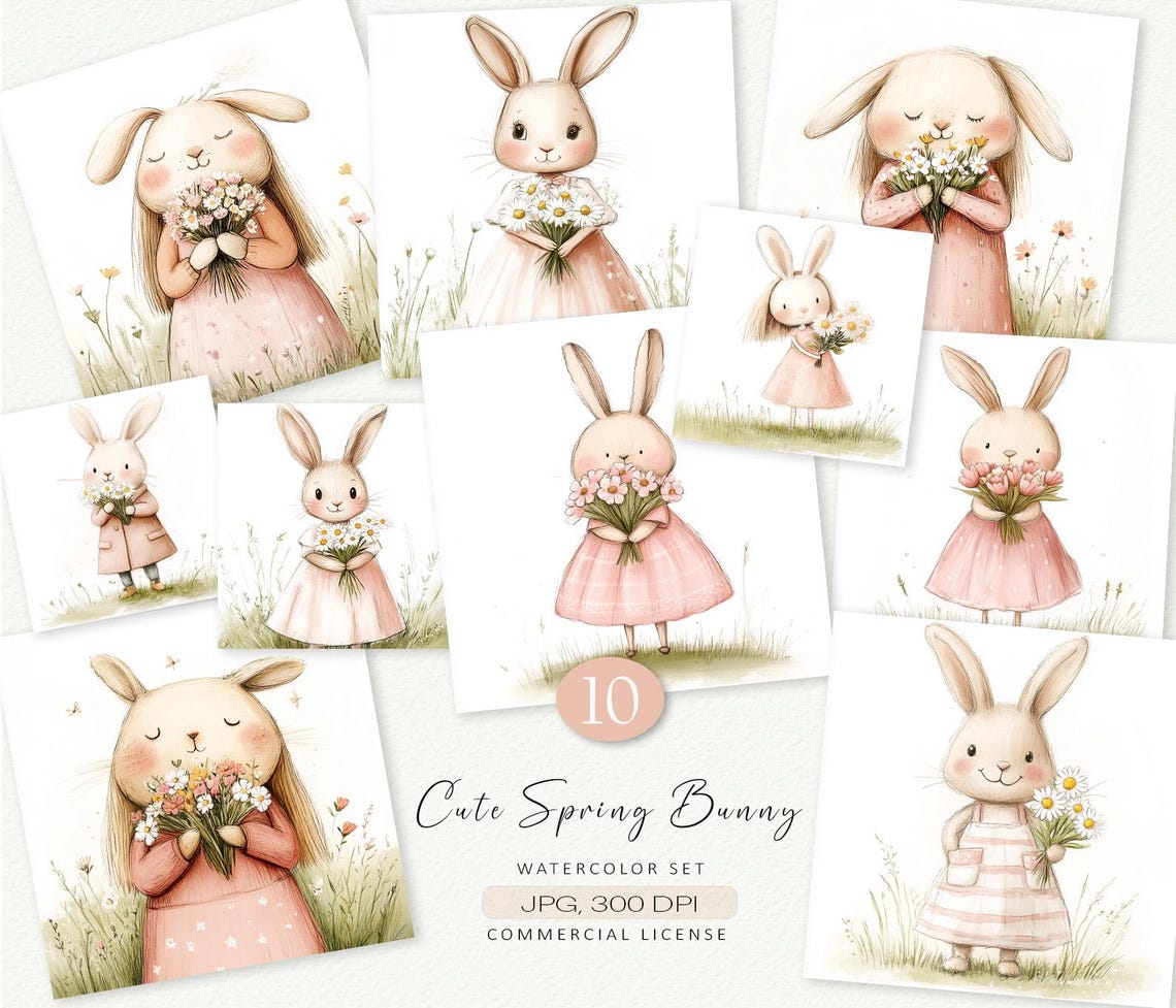 Watercolor Spring Bunny Clipart Set, Floral Easter Rabbit (digital ...