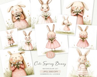 Cute Spring Bunny Clipart Set, Watercolor Rabbit Illustrations, Easter Bunny Art, 10 JPG Digital Download, Floral Bunny Graphics 300 DPI