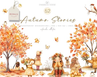 52 Autumn Clipart | Watercolor Fall PNG, Cozy Forest Animals & Girls Illustration