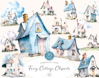 35 Fairy Cottage Clipart – Whimsical House PNG, Cottagecore Illustration, Junk Journal, Scrapbooking, Printable Houses