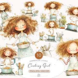 10 Cooking Girl Cliparts for Scrapbooking and Junk Journal | Whimsical Kitchen Chef Set PNG JPG | Cute Baking Illustration Pack