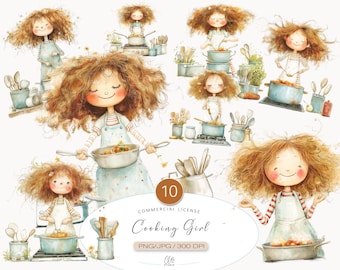 Cooking Girl Clipart Set: Whimsical Kitchen Illustrations (PNG JPG)