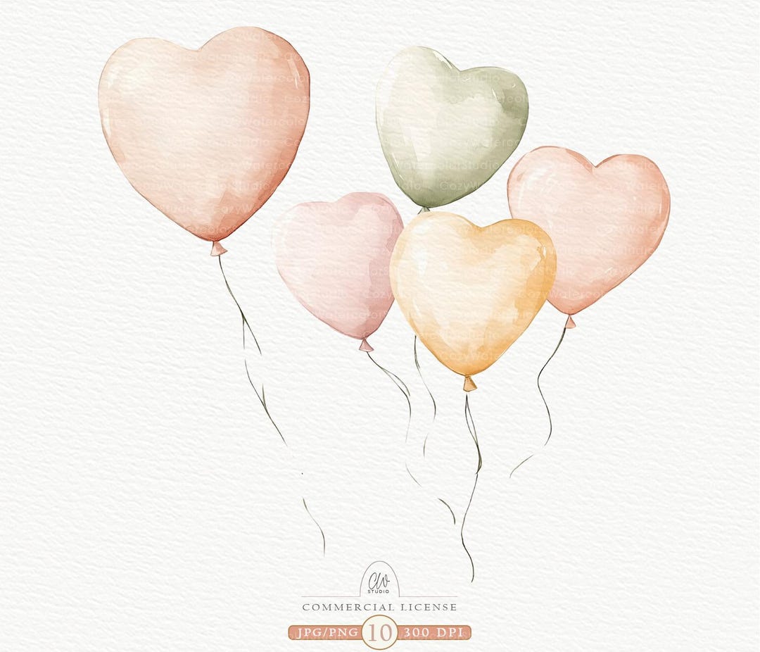 Watercolor Heart Balloons Clipart - 10 PNG JPG - Valentine’s, Wedding ...