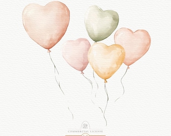 Watercolor Heart Balloons Clipart - 10 PNG JPG - Valentine’s, Wedding, Party Decor