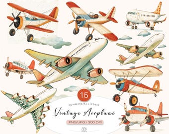 Vintage Airplane Clipart Bundle – Retro Aircraft PNG JPG | Plane Illustrations for Boys, Travel & Scrapbooking