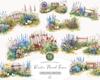 Rustic Floral Fence Clipart: Cottagecore Garden Scenes (PNG JPG)