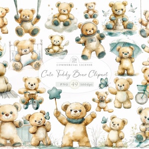 Cute Teddy Bear Clipart | 49 PNG Watercolor Teddy Bears | Baby Shower, Nursery Decor, Sublimation, Instant Download, 300 DPI