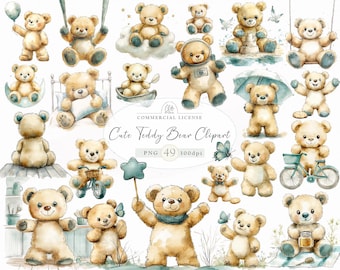 Watercolor Teddy Bear Clipart: 49 PNG Illustrations (Digital Download)