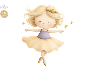 15 JPG Watercolor Ballerina Clipart – Cute Little Girl in Tutu Illustration, Nursery Wall Art, Baby Shower Decor, Scrapbooking, Sublimation