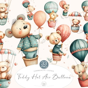 33 PNG Teddy Bear Hot Air Balloon Clipart • Pastel Watercolor Bears with Balloons | Scrapbooking | Instant Download