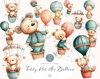 Teddy Bear Hot Air Balloon Clipart: Pastel Watercolor PNG (Instant Download)