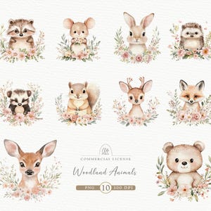 Clipart baby bosdieren – 10 aquarel bosdieren met bloemenkransen – decoratie kinderkamer, babyshower, png-download