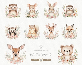 Watercolor Woodland Animals Clipart: Floral Wreaths (PNG Download)