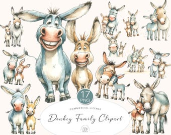 Watercolor Donkey Family Clipart: Farm Animal PNG Illustrations (Digital Download)