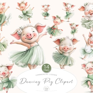 14 Clipart Cochon Dansant | Porcelets ballerines en robes vertes PNG | Clipart mignon animal de ferme pour enfants