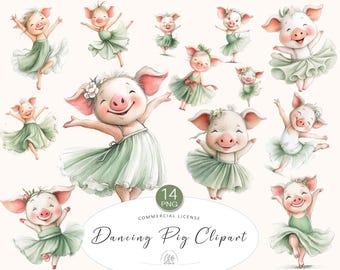 Dancing Piglets Clipart: Ballerina Farm Animals in Green (PNG Digital Download