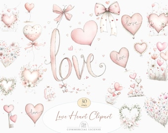 Love Heart Clipart Watercolor Romantic Valentine Nursery PNG Set